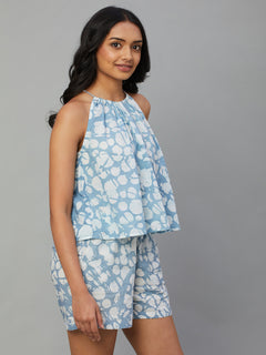 Women's 100% Cotton Floral Halter Blouse Blue