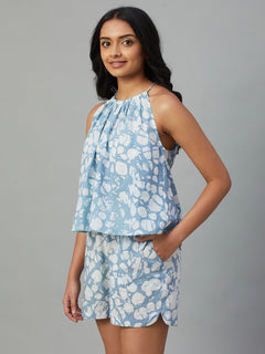 Women's 100% Cotton Floral Halter Blouse Blue