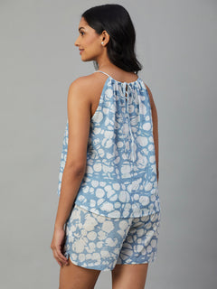 Women's 100% Cotton Floral Halter Blouse Blue