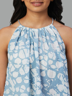 Women's 100% Cotton Floral Halter Blouse Blue