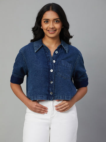Women's Indigo 100% Cotton Regular Fit Blouse