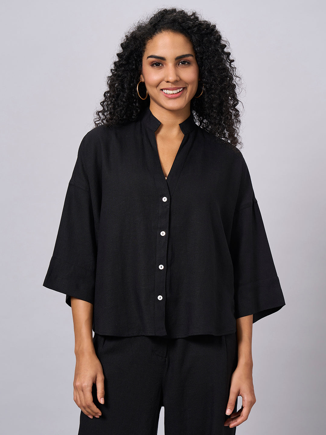 Women's Black Linen Viscose Boxy Fit Blouse