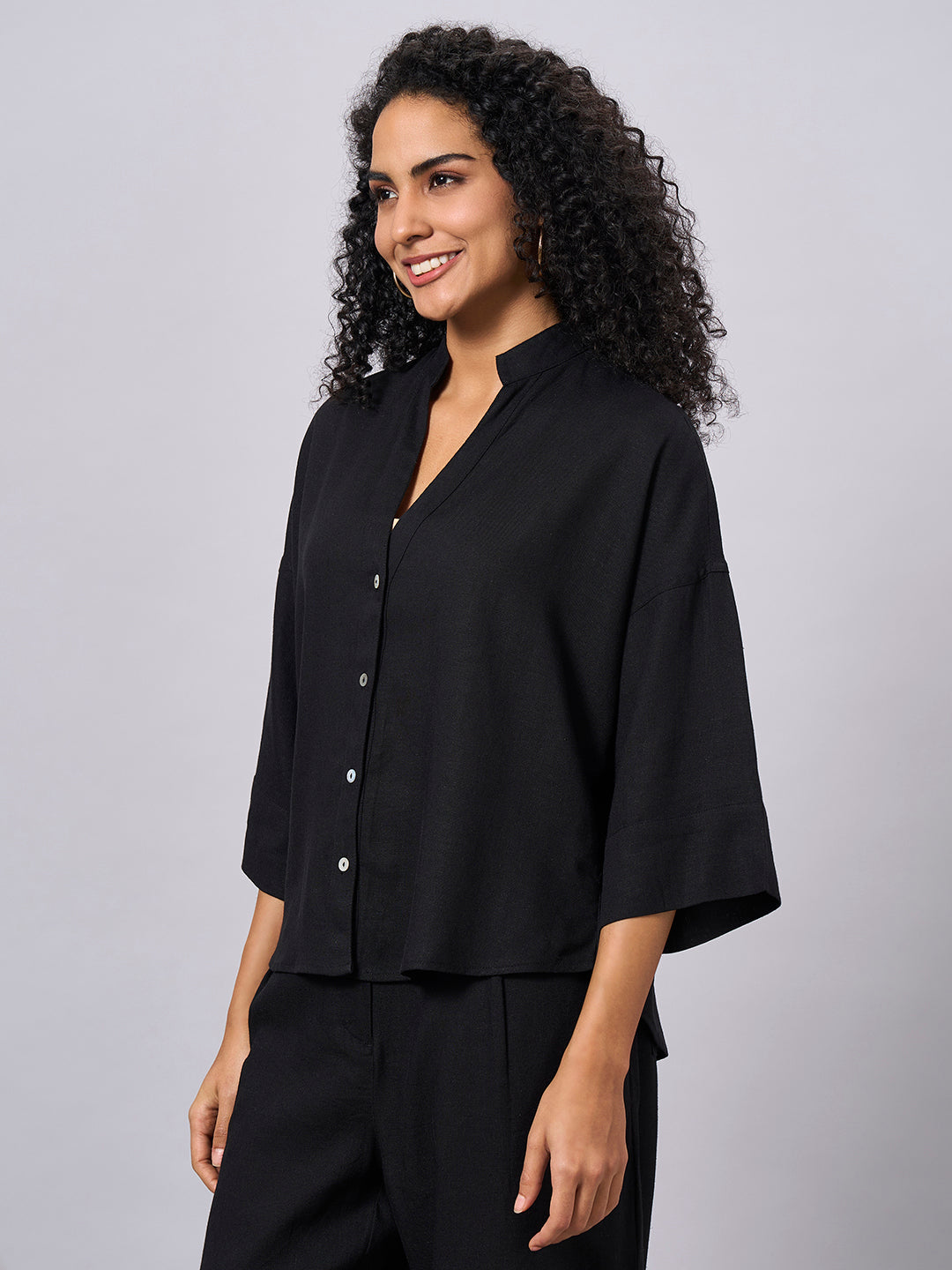 Women's Black Linen Viscose Boxy Fit Blouse
