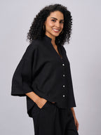 Women's Black Linen Viscose Boxy Fit Blouse