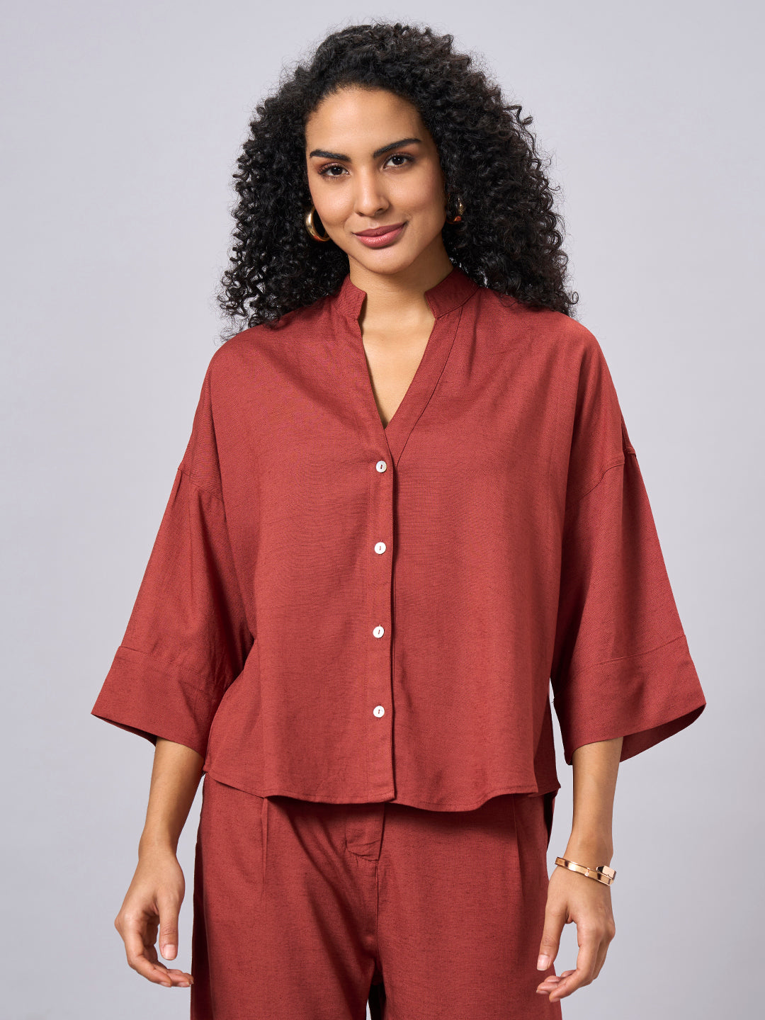 Women's Rust Linen Viscose Boxy Fit Blouse
