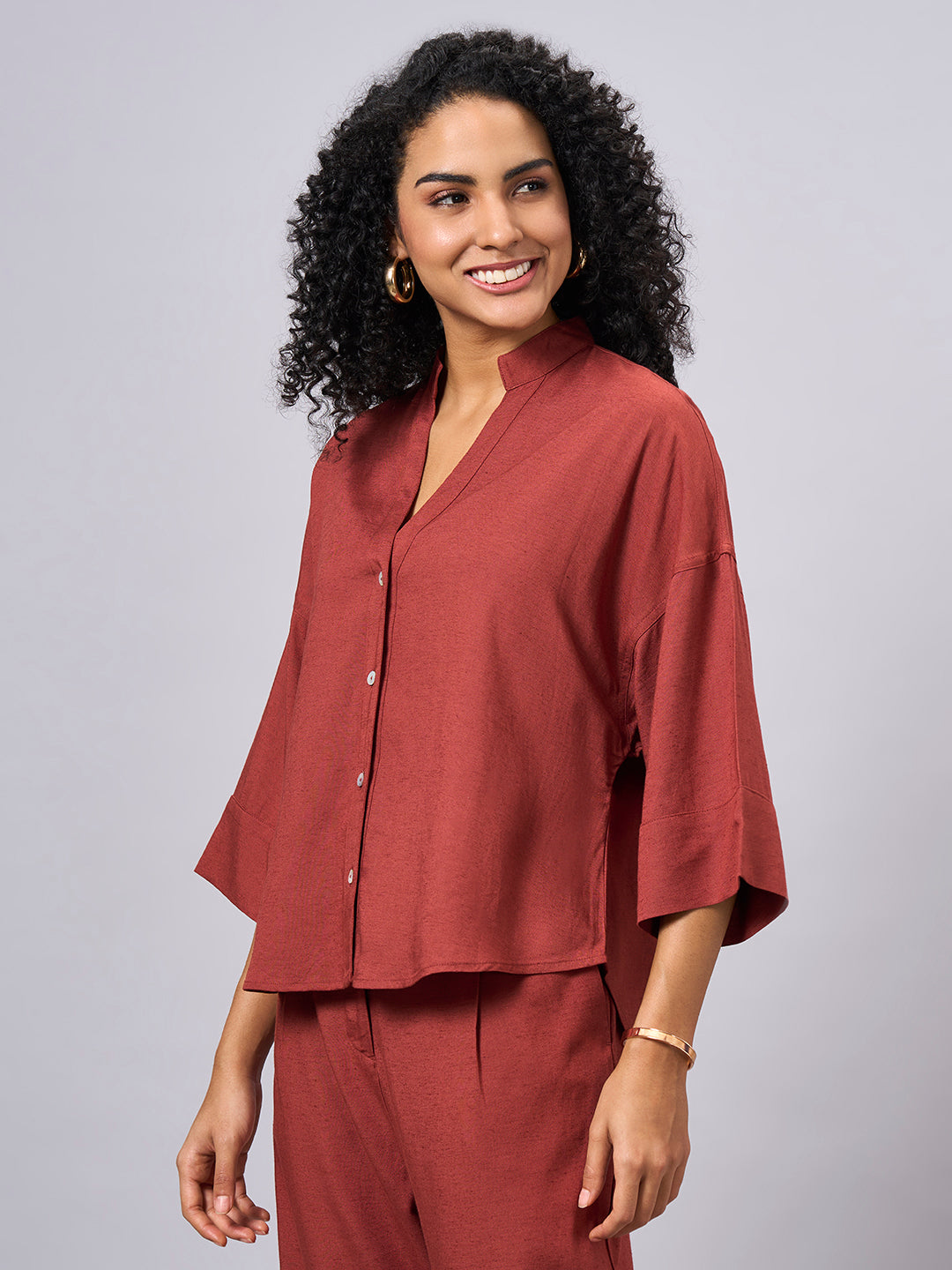 Women's Rust Linen Viscose Boxy Fit Blouse
