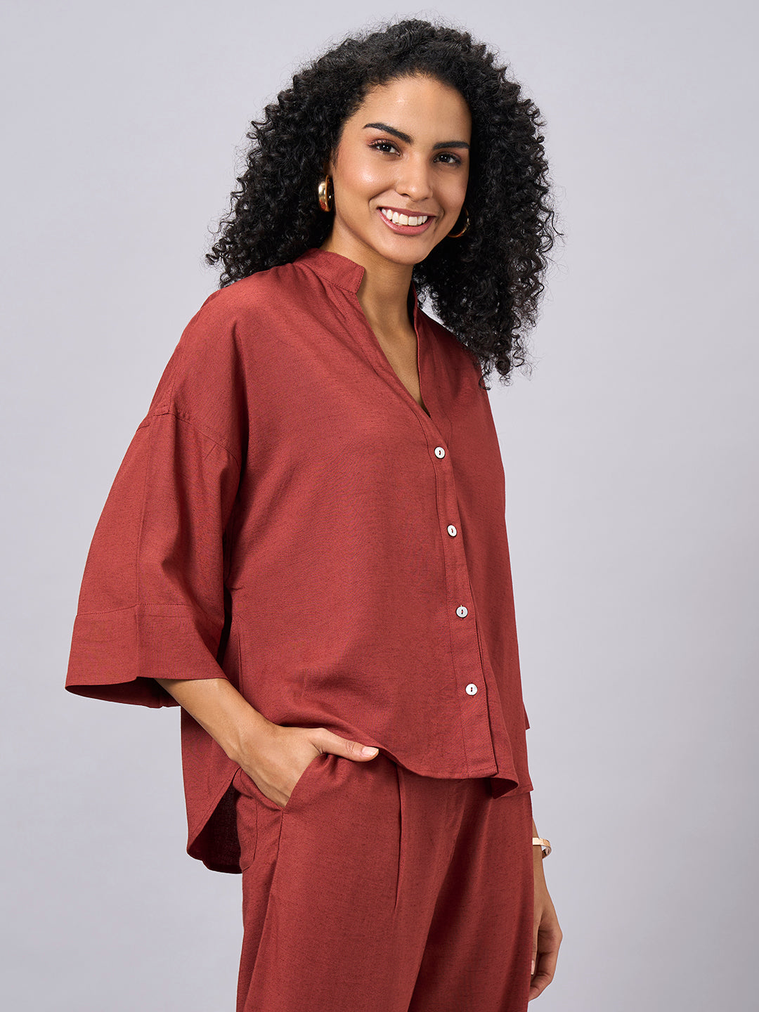 Women's Rust Linen Viscose Boxy Fit Blouse