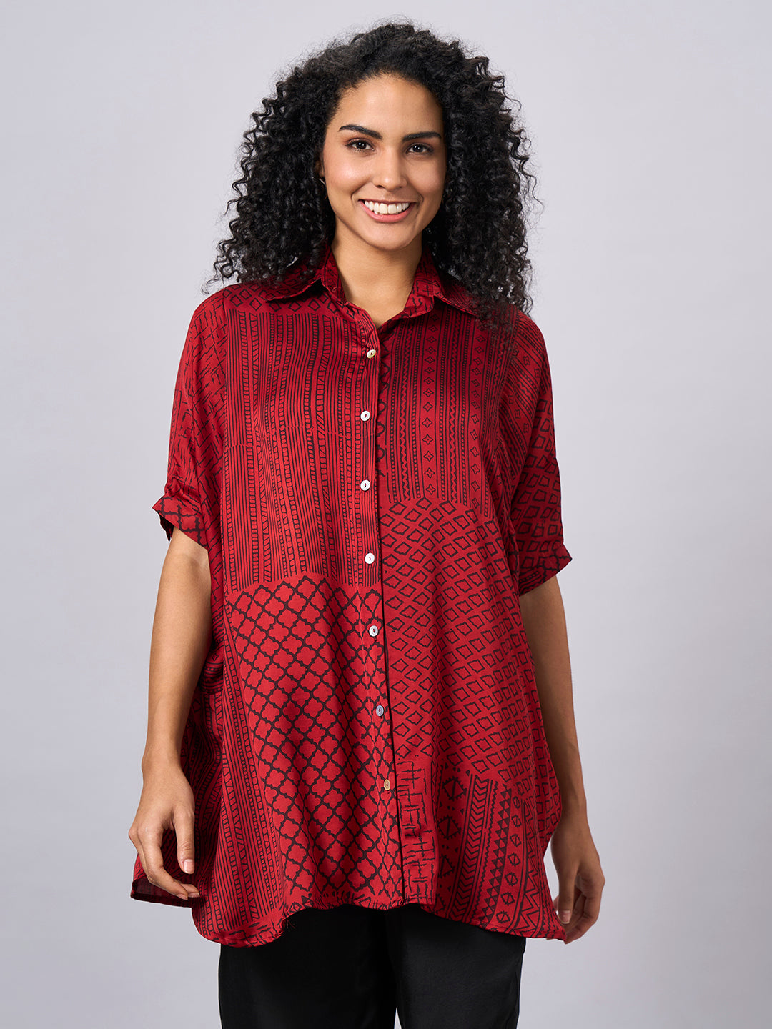 Women's Red Modal Viscose Boxy Fit Blouse