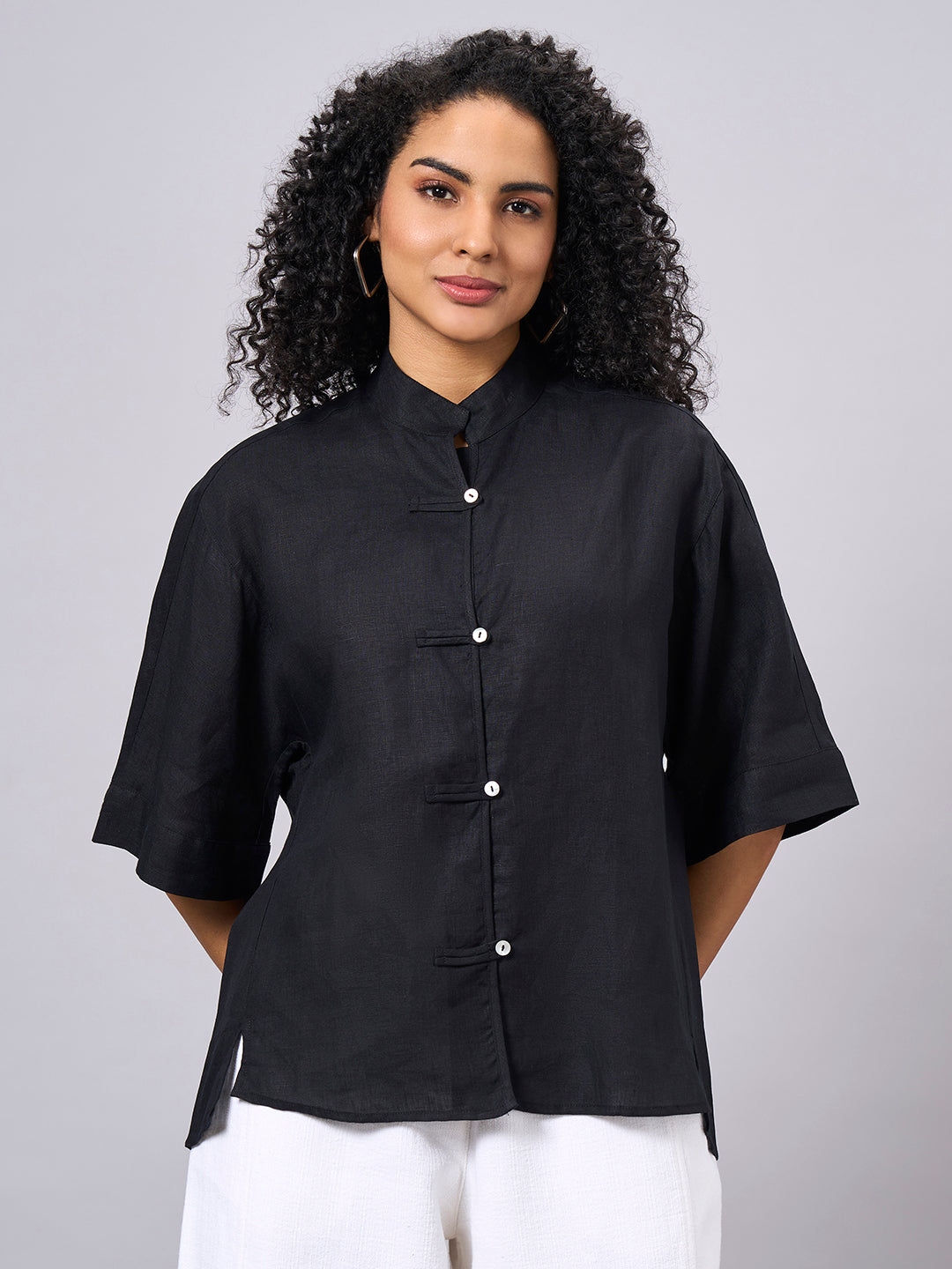 Women's Black 100% Linen Boxy Fit Blouse