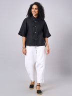 Women's Black 100% Linen Boxy Fit Blouse