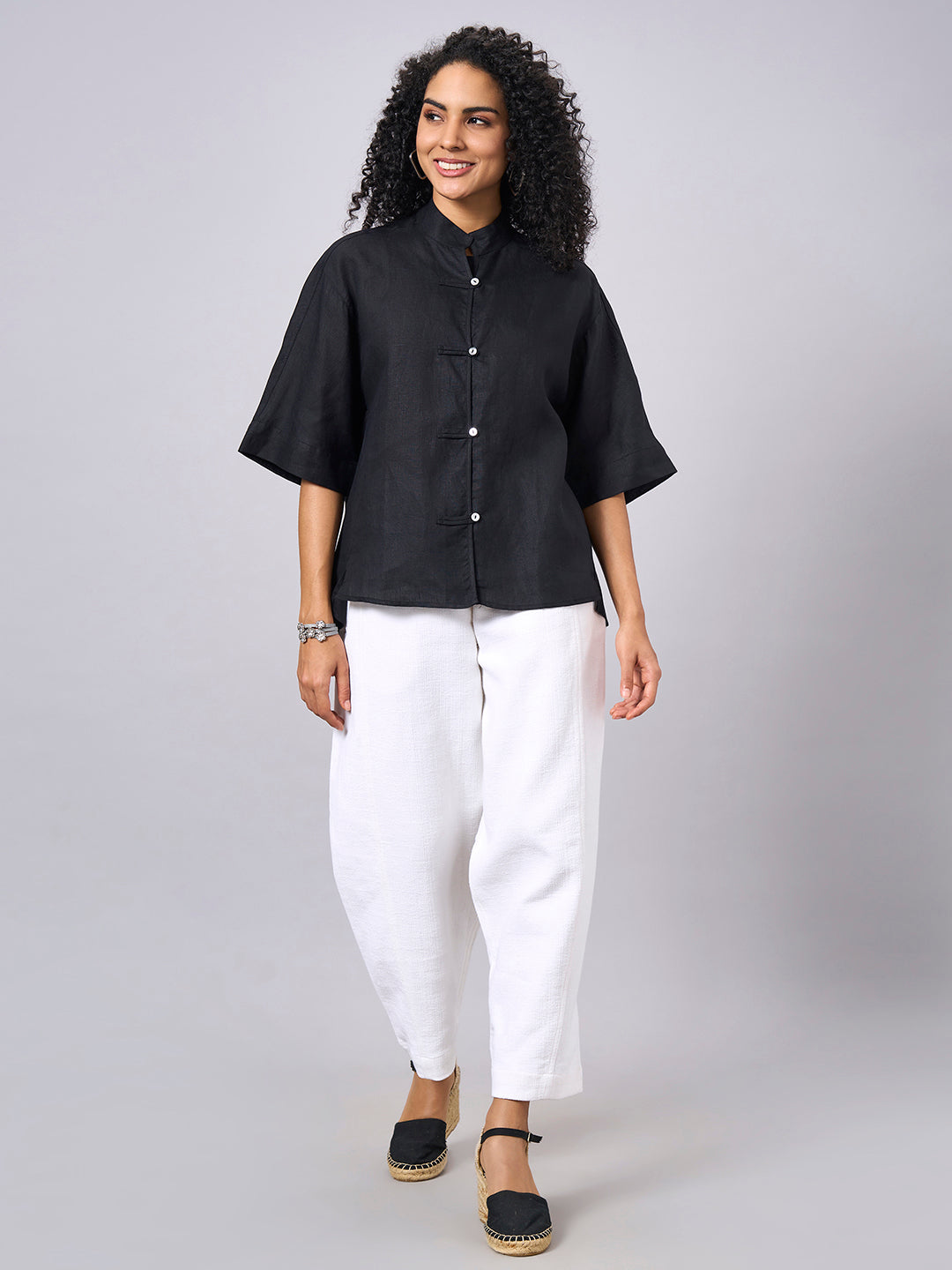 Women's Black 100% Linen Boxy Fit Blouse