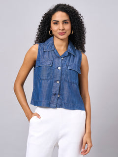 Women's 100% Tencel Regular Fit Sleeveless Blouse Denim