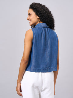 Women's 100% Tencel Regular Fit Sleeveless Blouse Denim