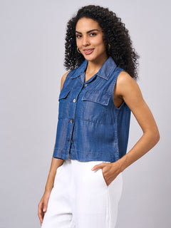 Women's 100% Tencel Regular Fit Sleeveless Blouse Denim