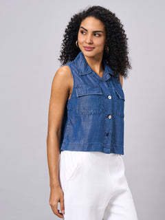 Women's 100% Tencel Regular Fit Sleeveless Blouse Denim