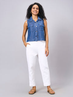 Women's 100% Tencel Regular Fit Sleeveless Blouse Denim
