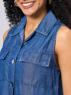 Women's 100% Tencel Regular Fit Sleeveless Blouse Denim