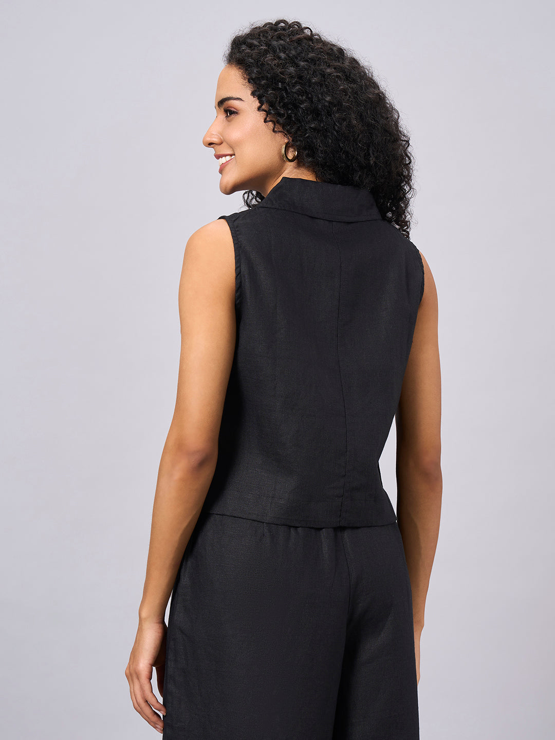 Women's Black 100% Linen Regular Fit Blouse