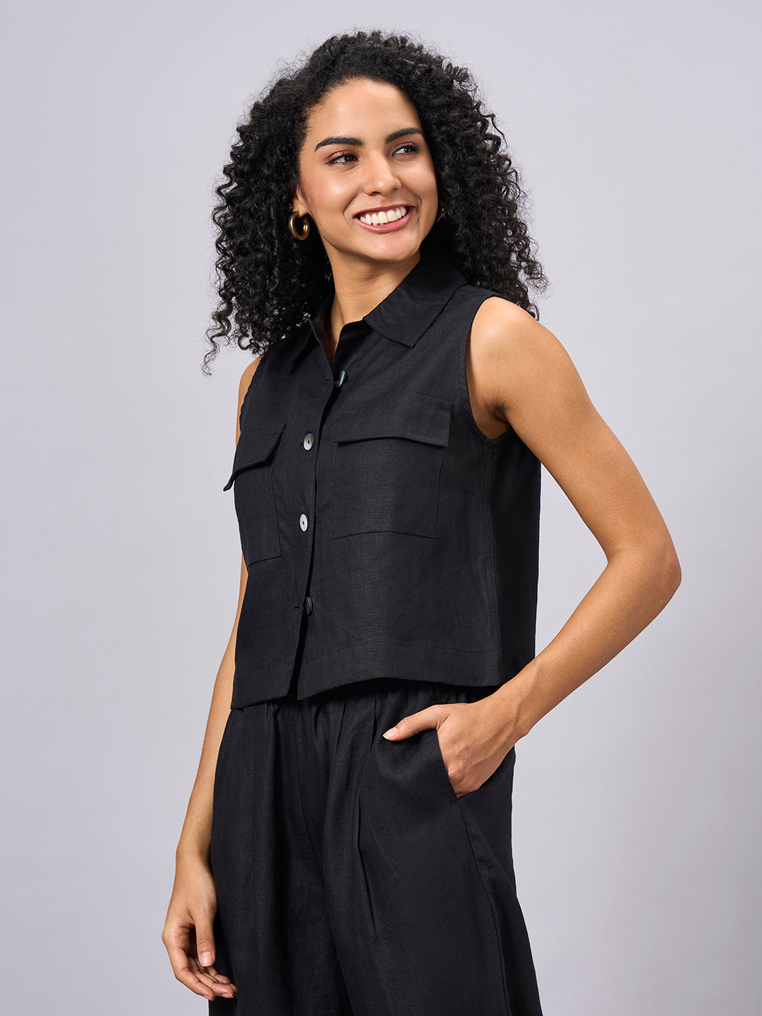 Women's Black 100% Linen Regular Fit Blouse