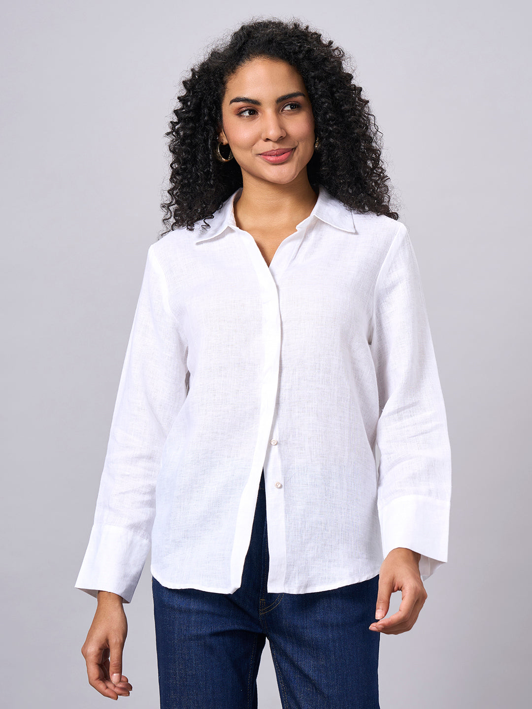 Women's White 100% Linen Regular Fit Blouse
