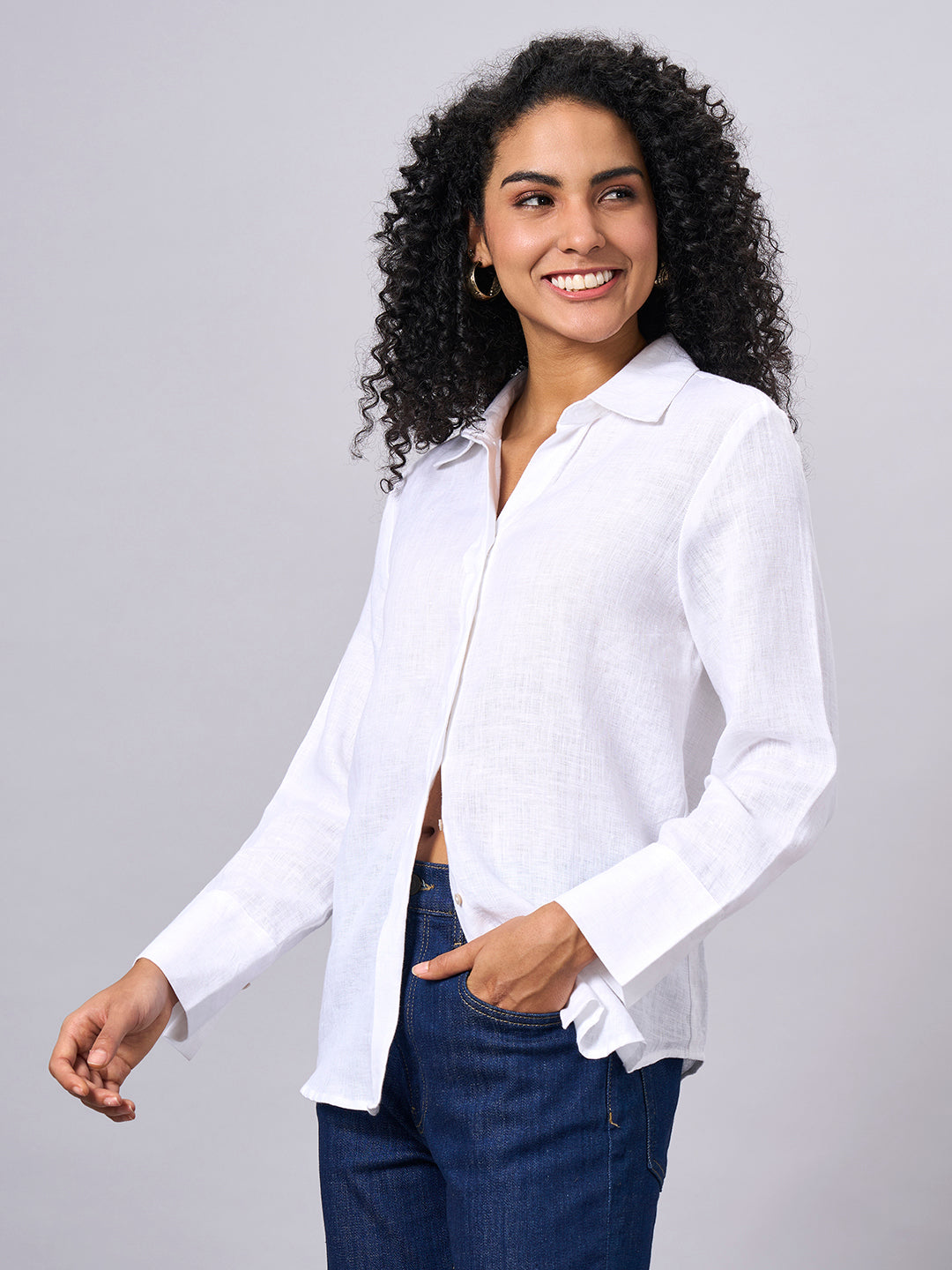 Women's White 100% Linen Regular Fit Blouse