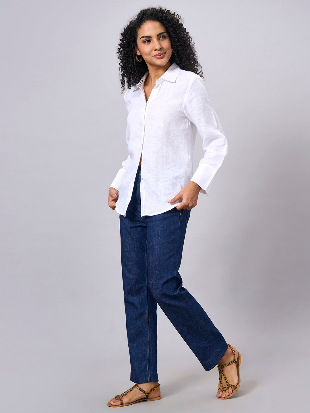 Women's White 100% Linen Regular Fit Blouse