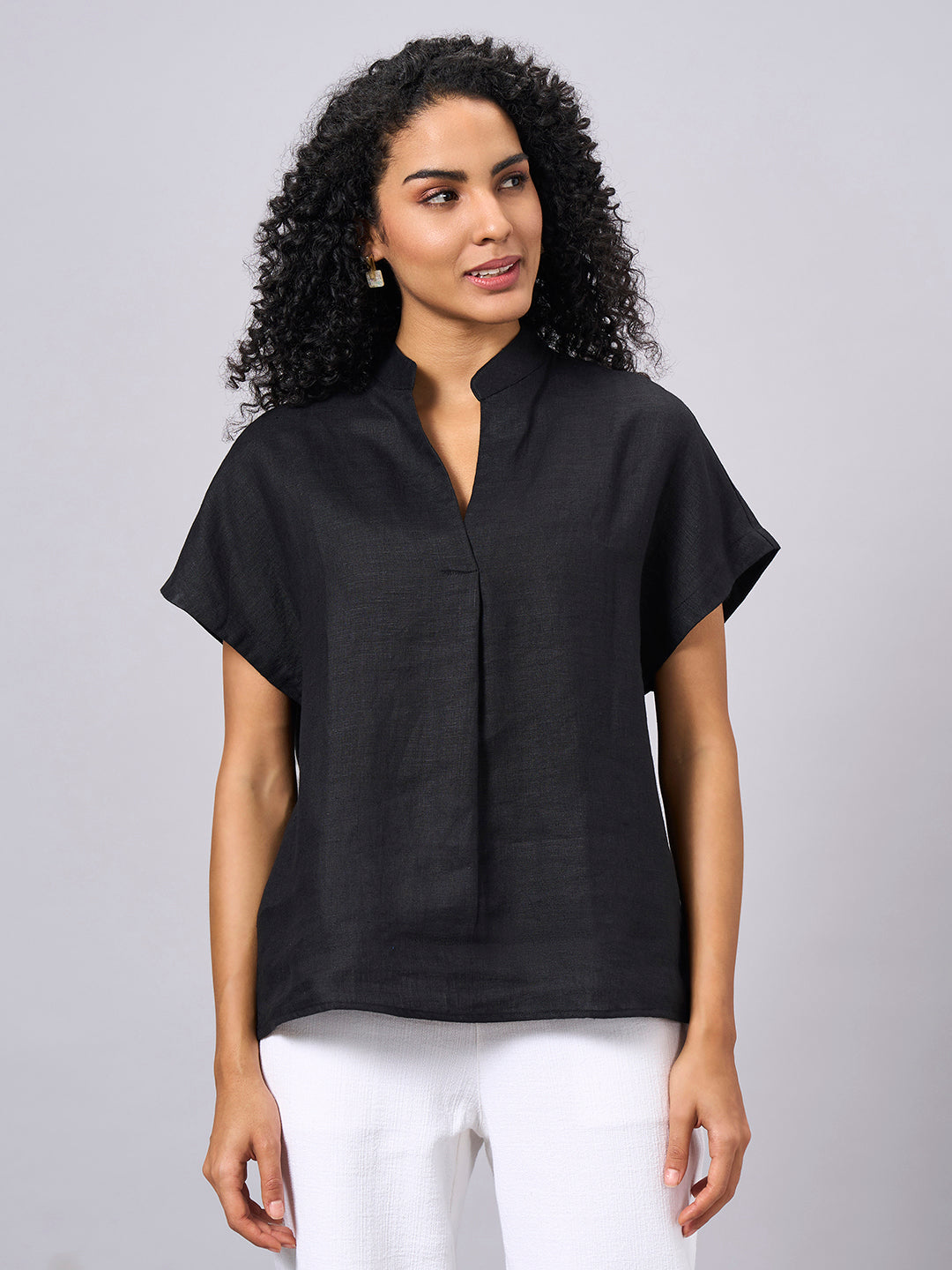 Women's Black 100% Linen Regular Fit Blouse