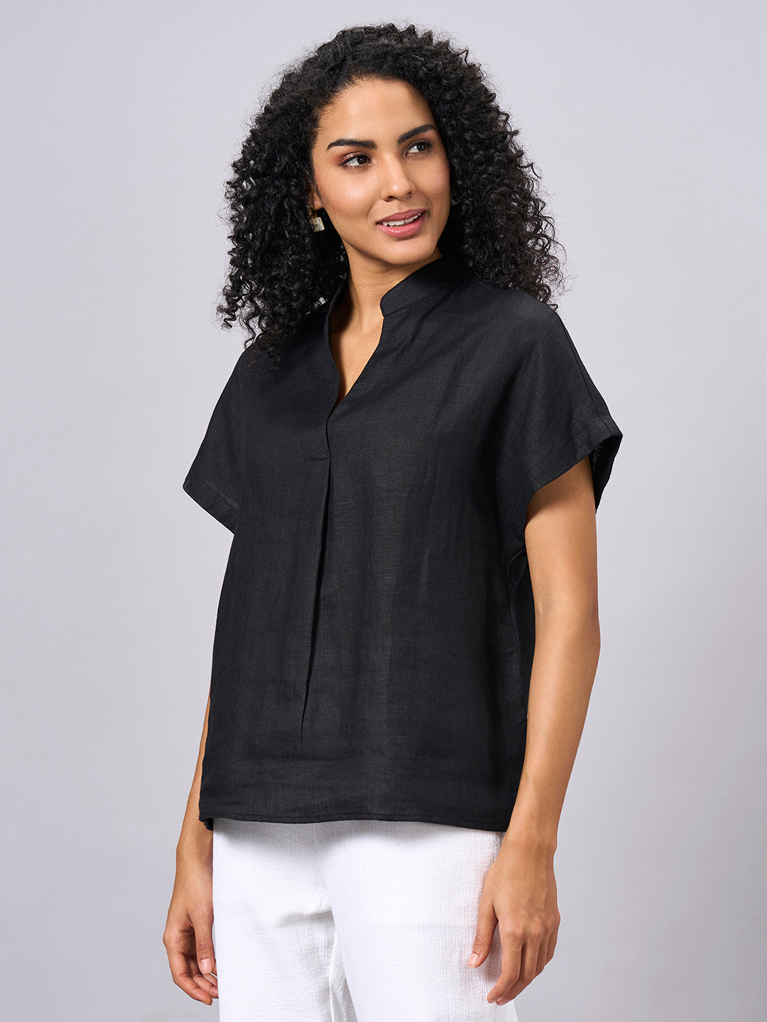 Women's Black 100% Linen Regular Fit Blouse