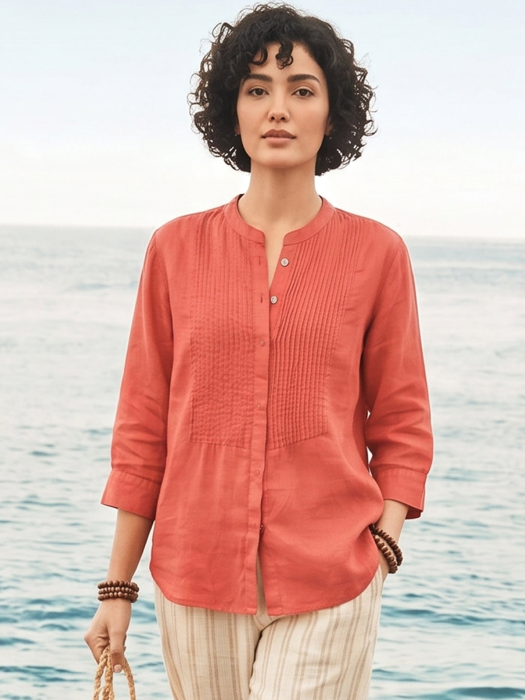 Women's Red 100% Linen Regular Fit Blouse