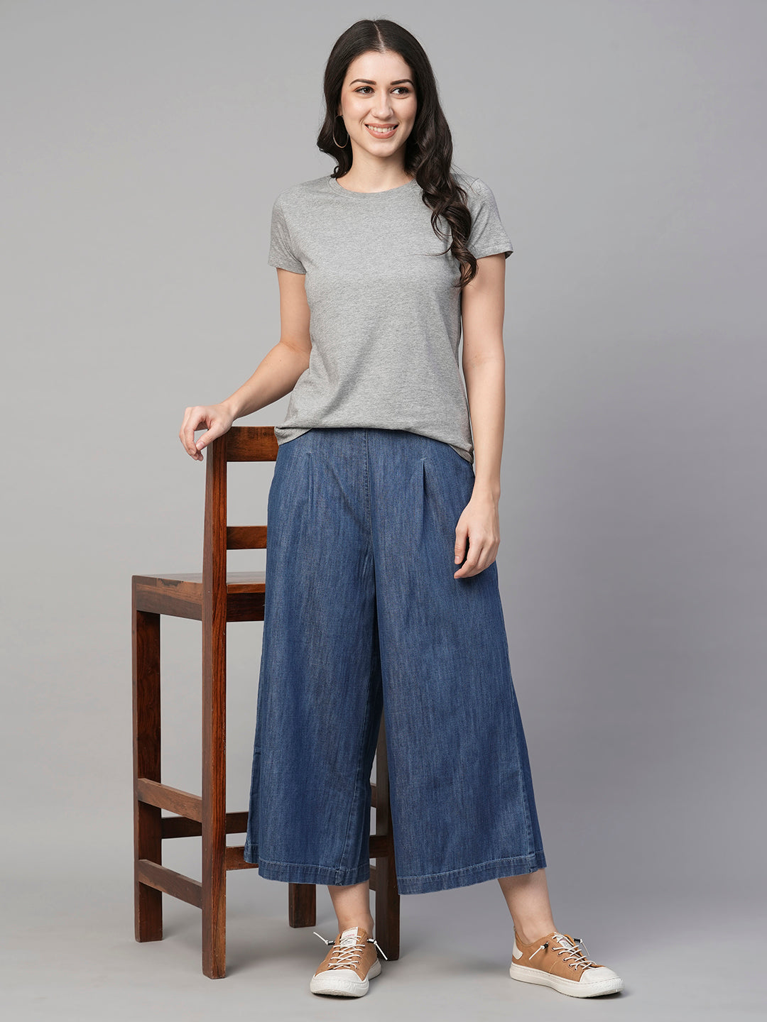 Women's Cotton Viscose Denim Blue Regular Fit Culotte