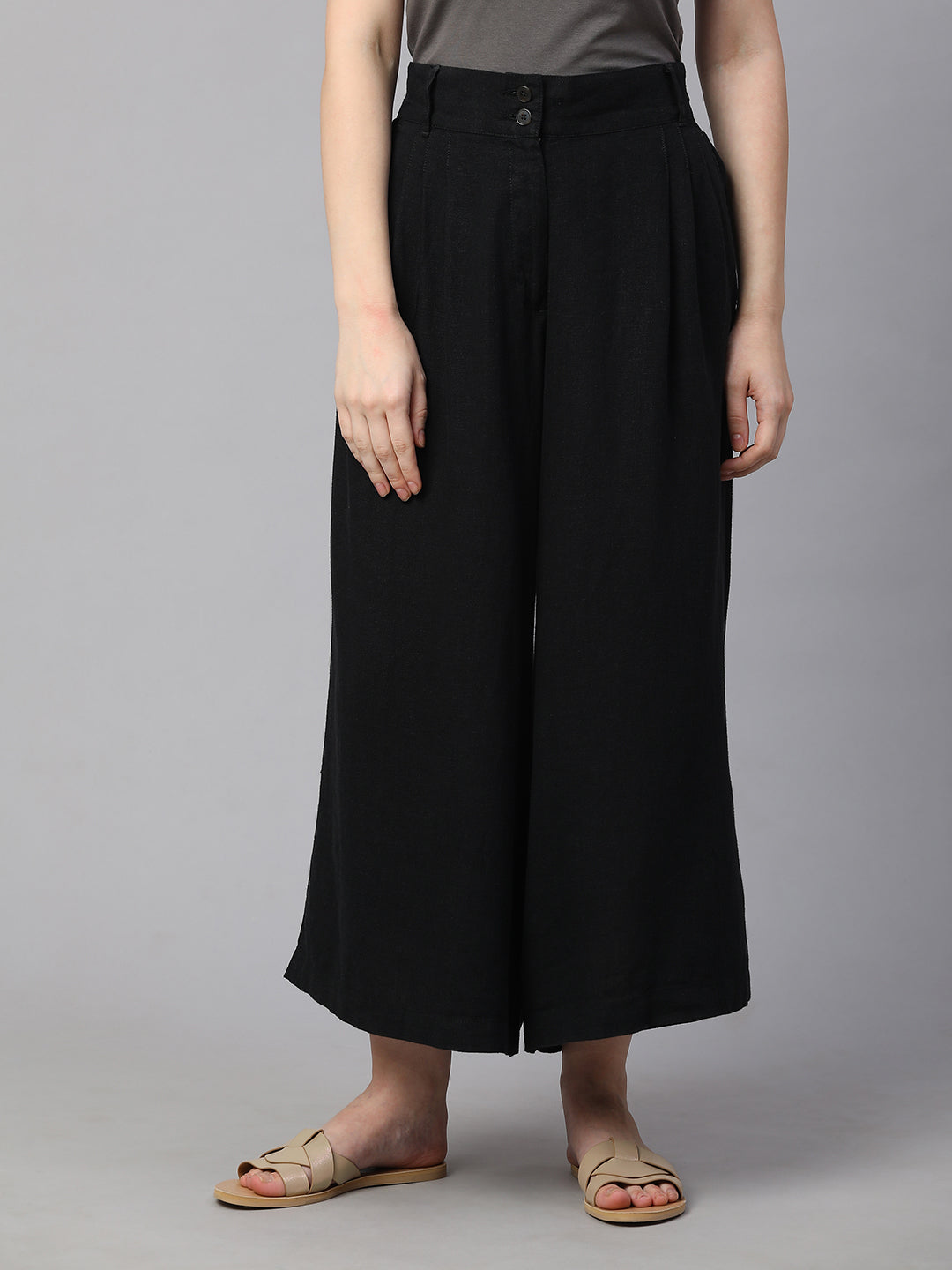 Women's Black Linen Viscose Regular Fit Culotte