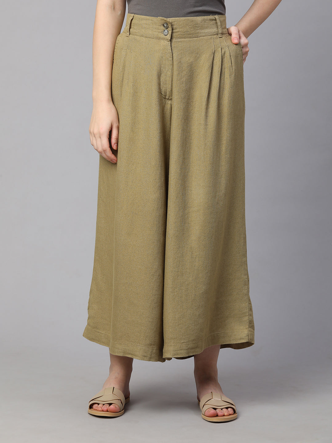 Women's Khaki Linen Viscose Regular Fit Culotte