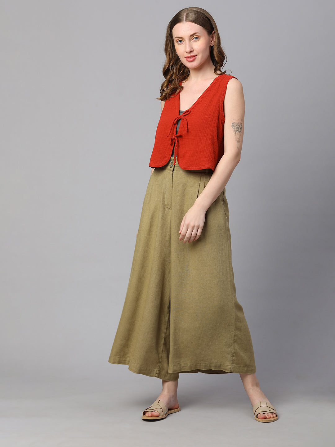 Women's Khaki Linen Viscose Regular Fit Culotte