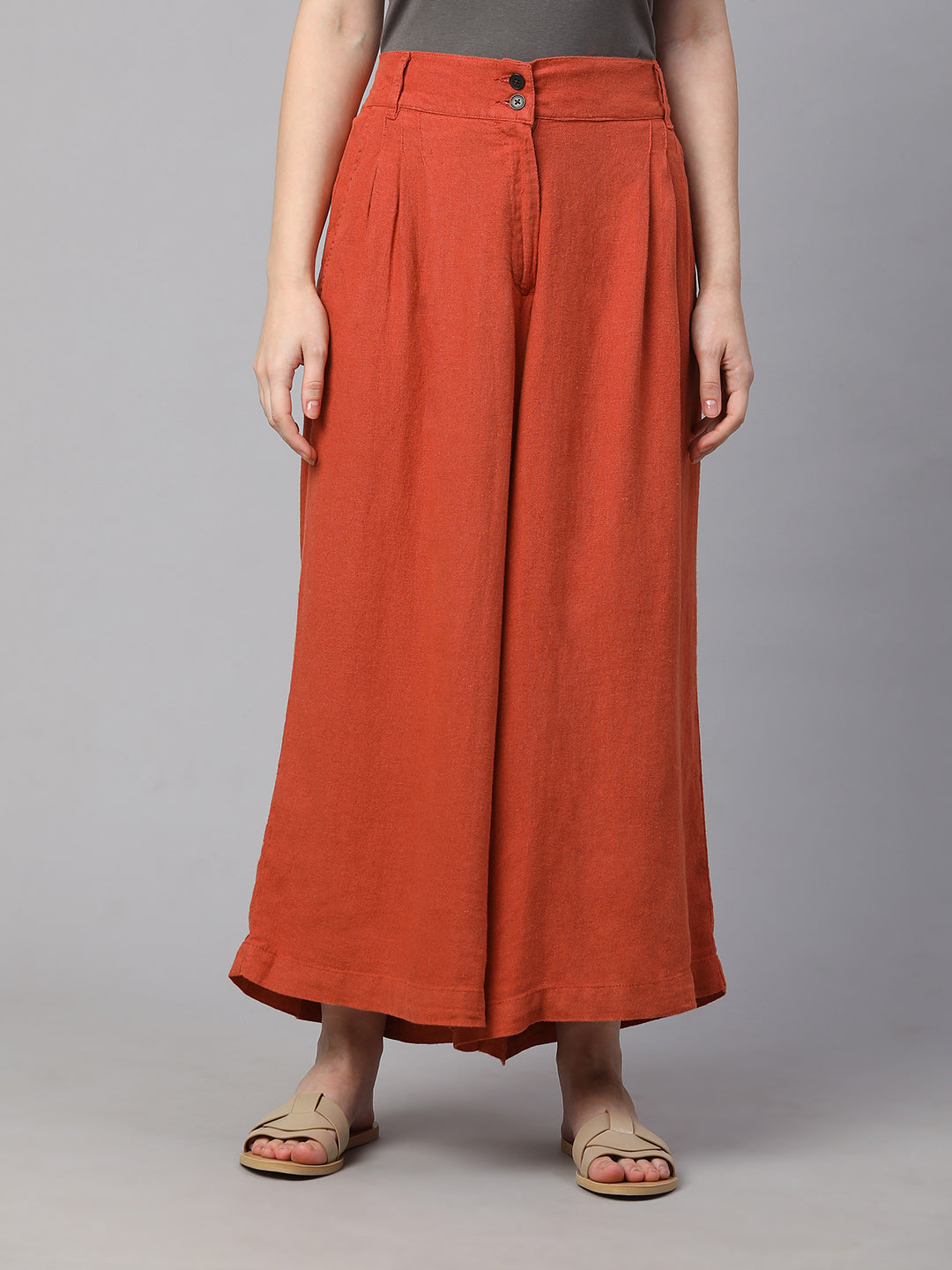 Women's Rust Linen Viscose Regular Fit Culotte