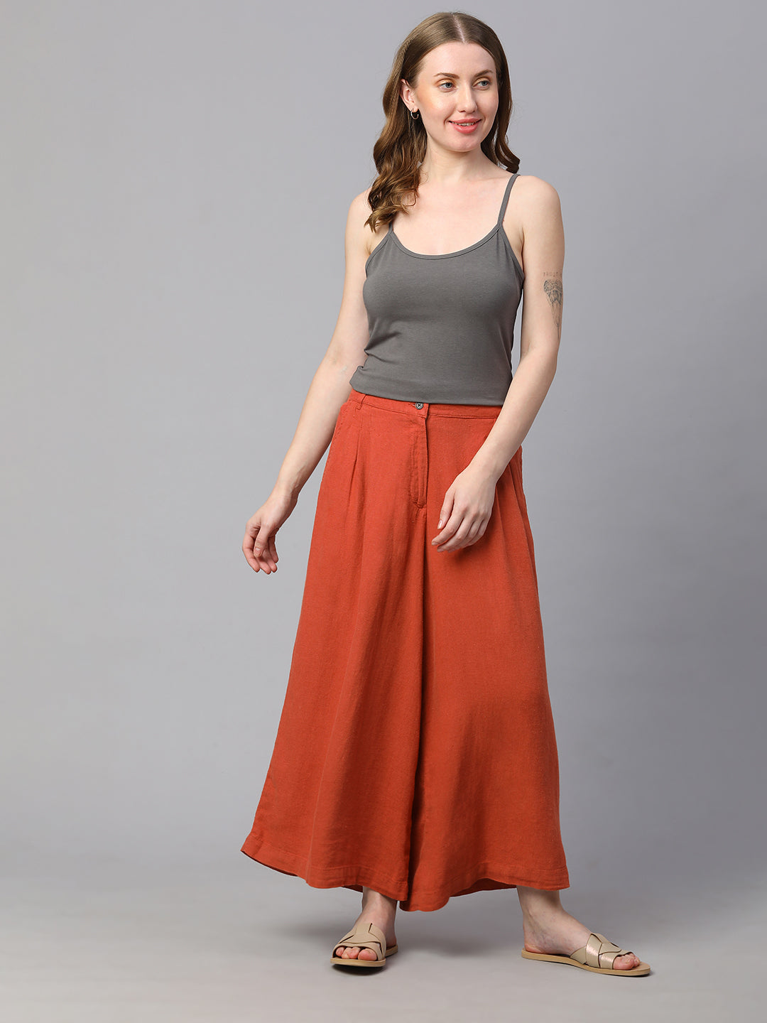 Women's Rust Linen Viscose Regular Fit Culotte