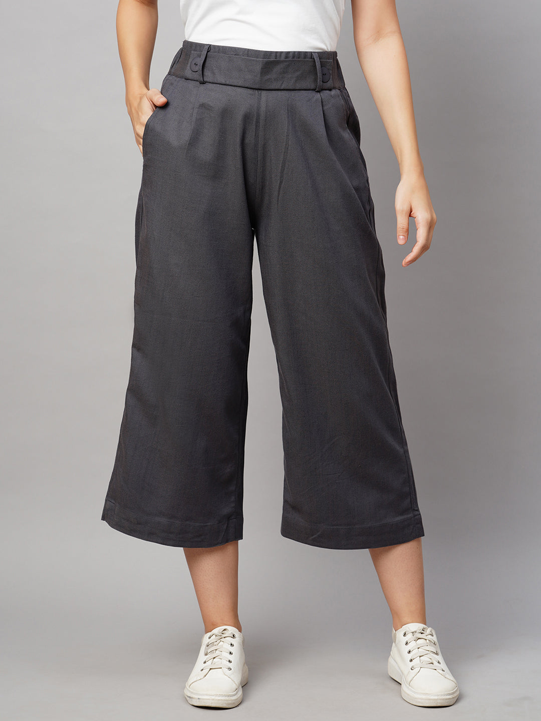 Women's Viscose Cotton Linen Lycra Grey Straight Fit Culottes