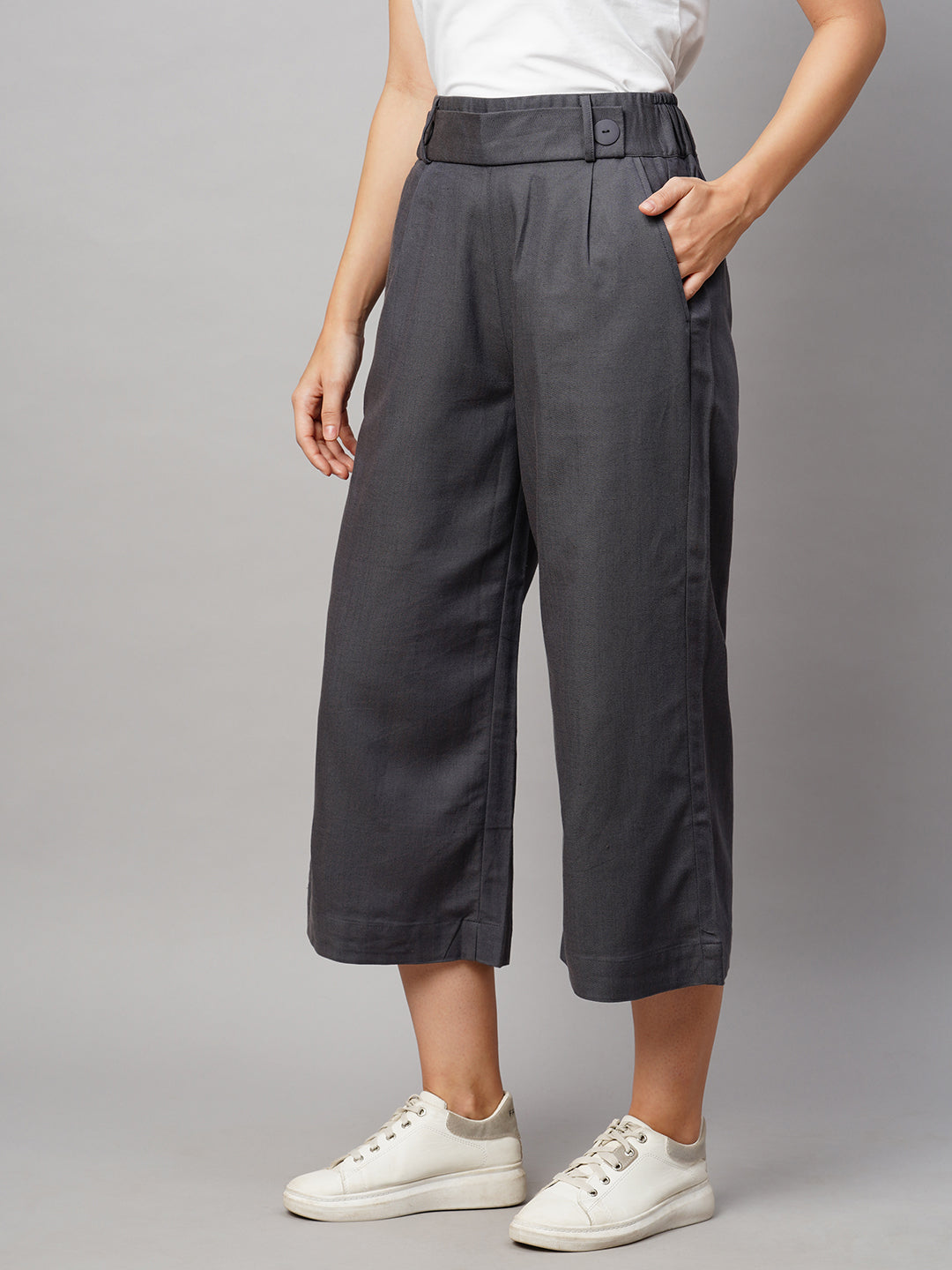 Women's Grey Viscose Cotton Linen Lycra Straight Fit Culottes