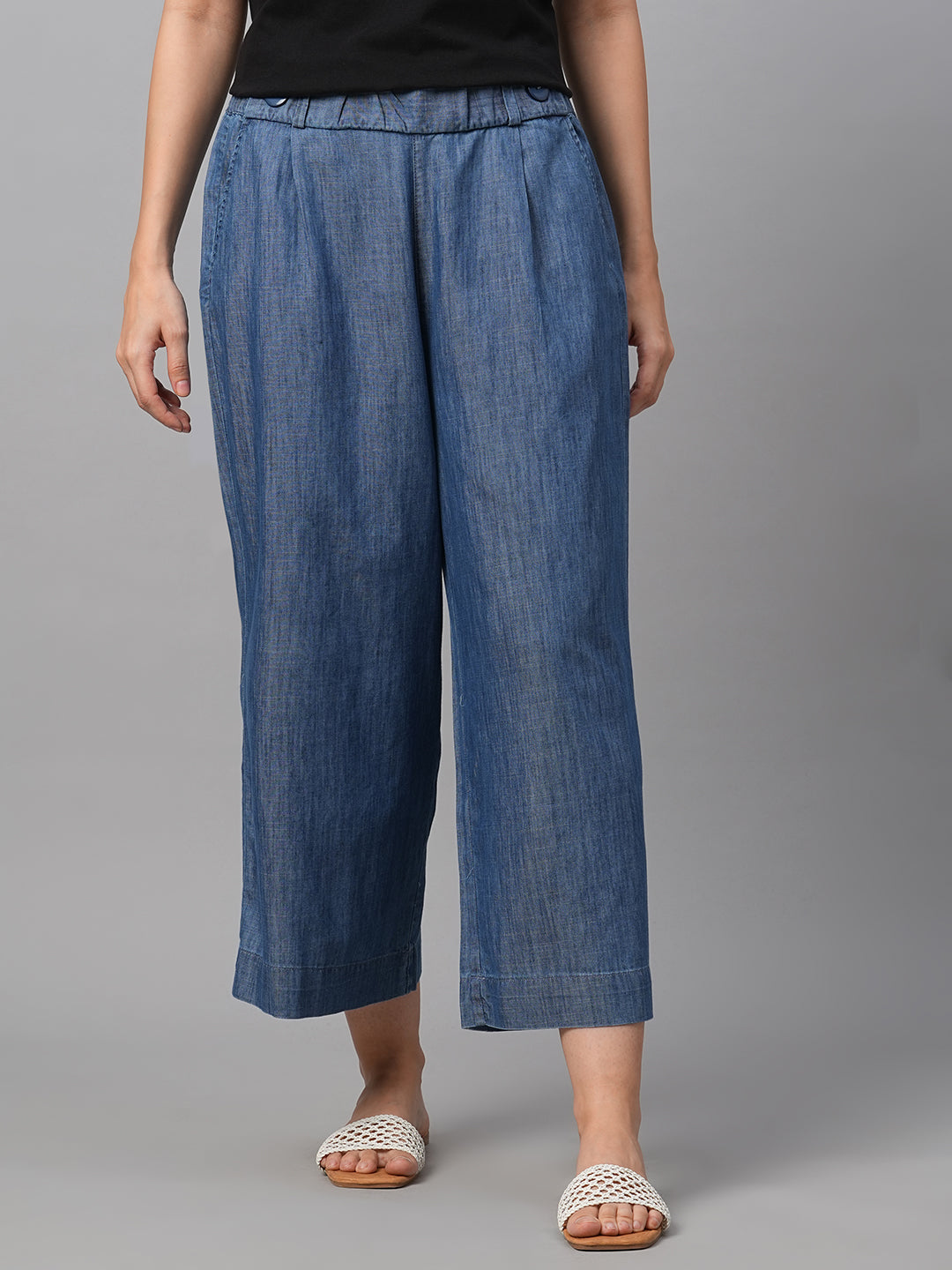 Women's Blue Cotton Tencel Regular Fit Culotte