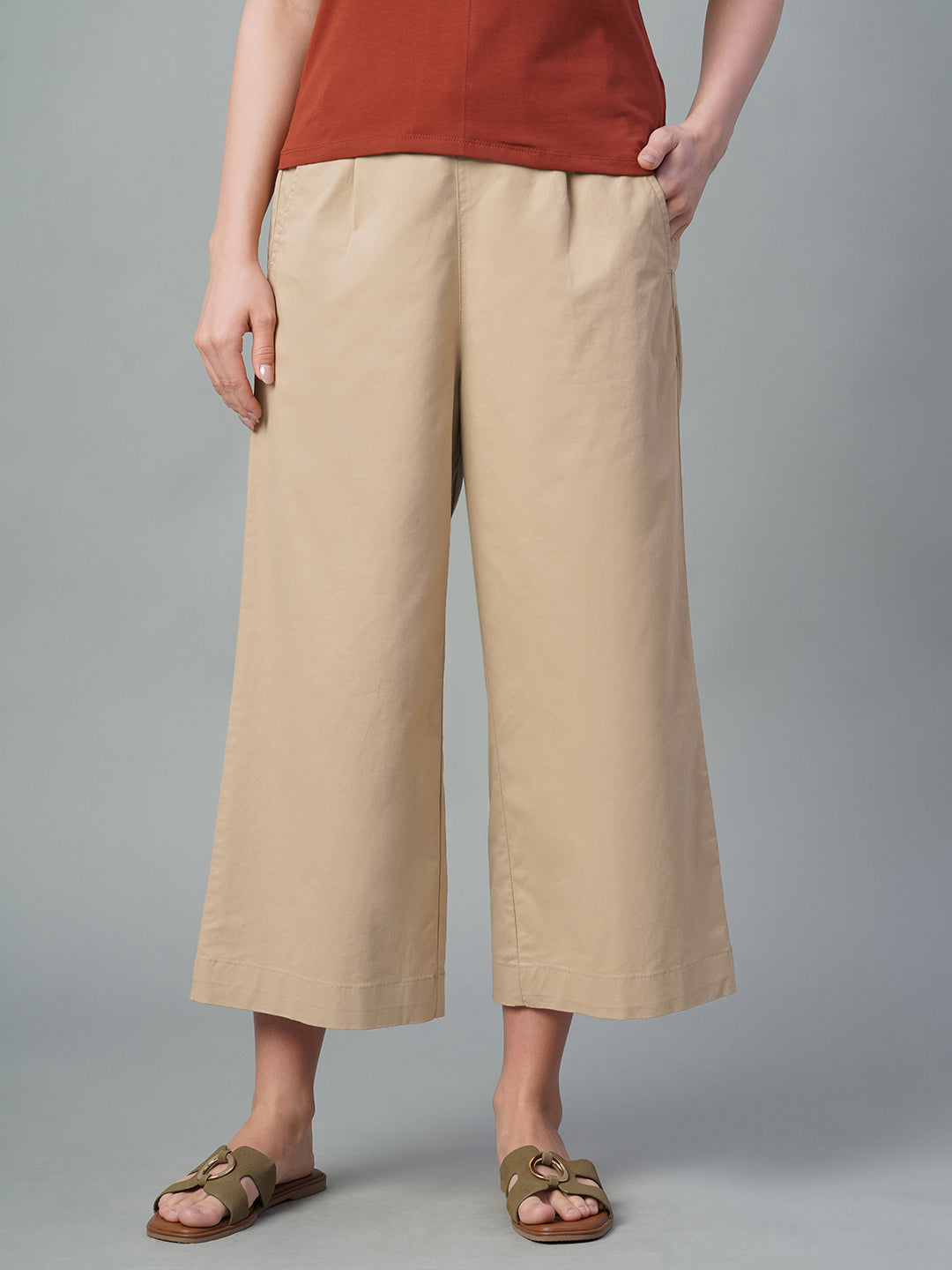Women's Khaki Cotton Lycra Regular Fit Culotte