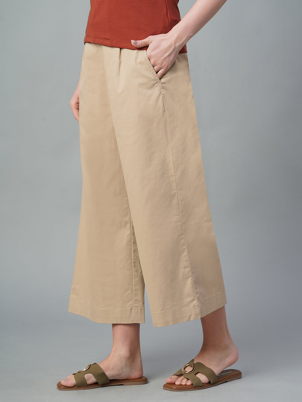 Women's Khaki Cotton Lycra Regular Fit Culotte