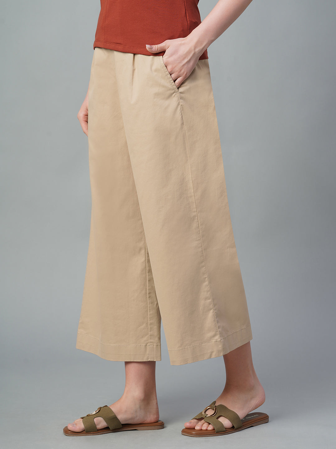 Women's Khaki Cotton Lycra Regular Fit Culotte