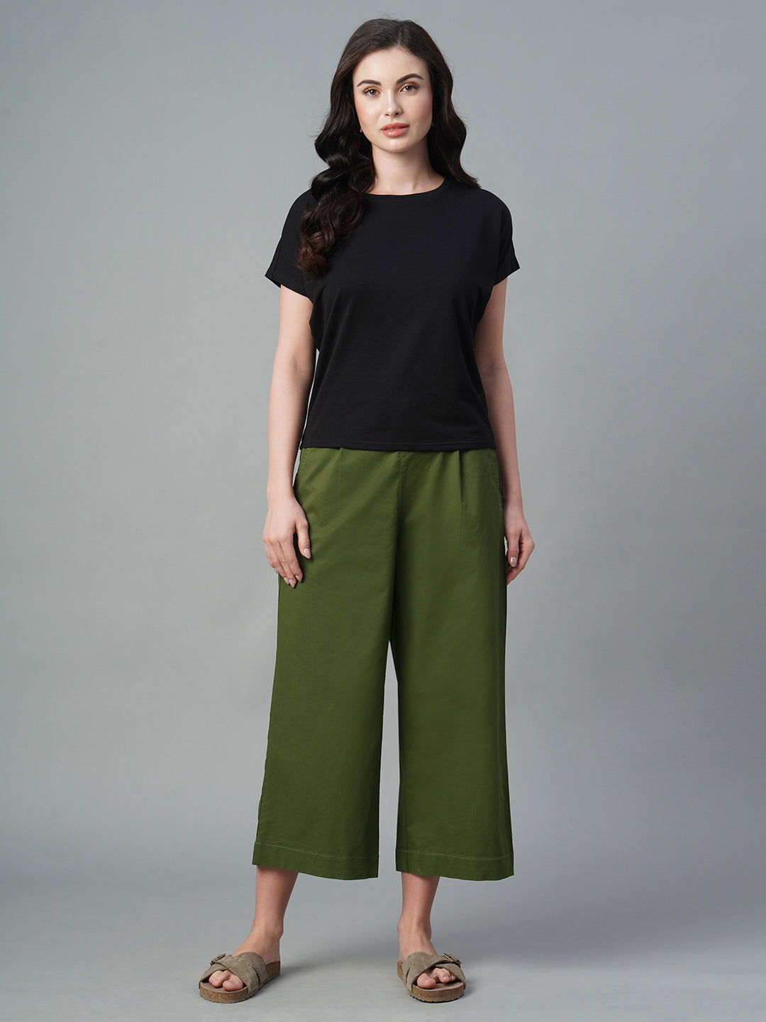 Women's Olive Cotton Lycra Regular Fit Culotte