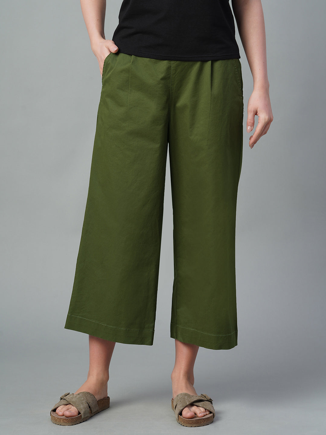 Women's Olive Cotton Lycra Regular Fit Culotte