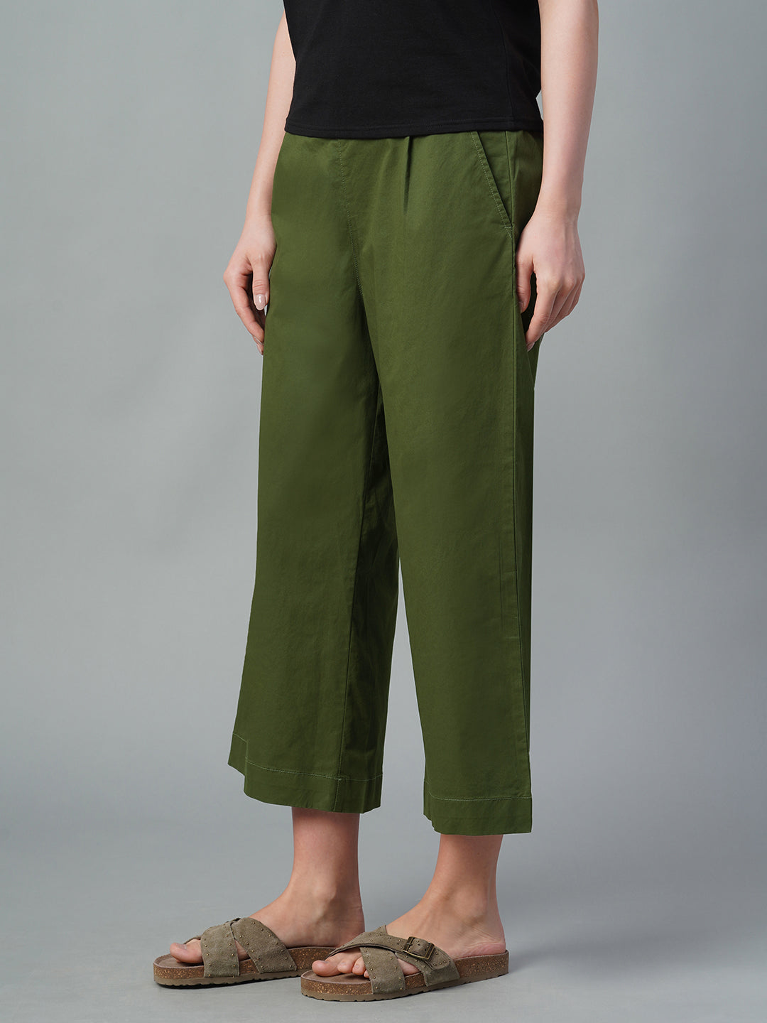 Women's Olive Cotton Lycra Regular Fit Culotte