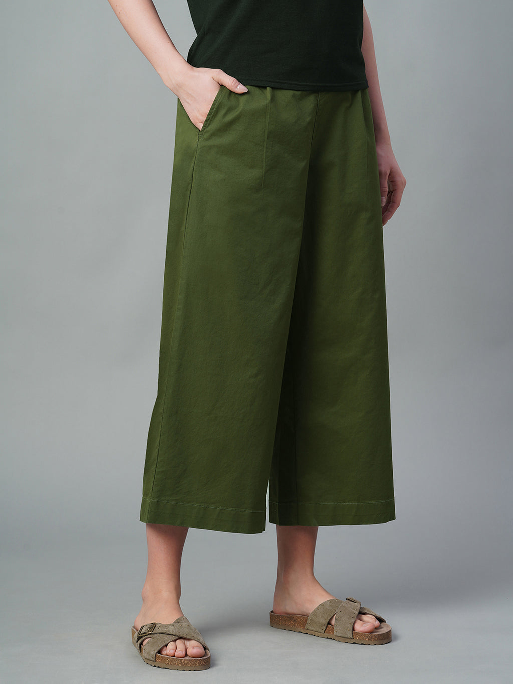 Women's Olive Cotton Lycra Regular Fit Culotte