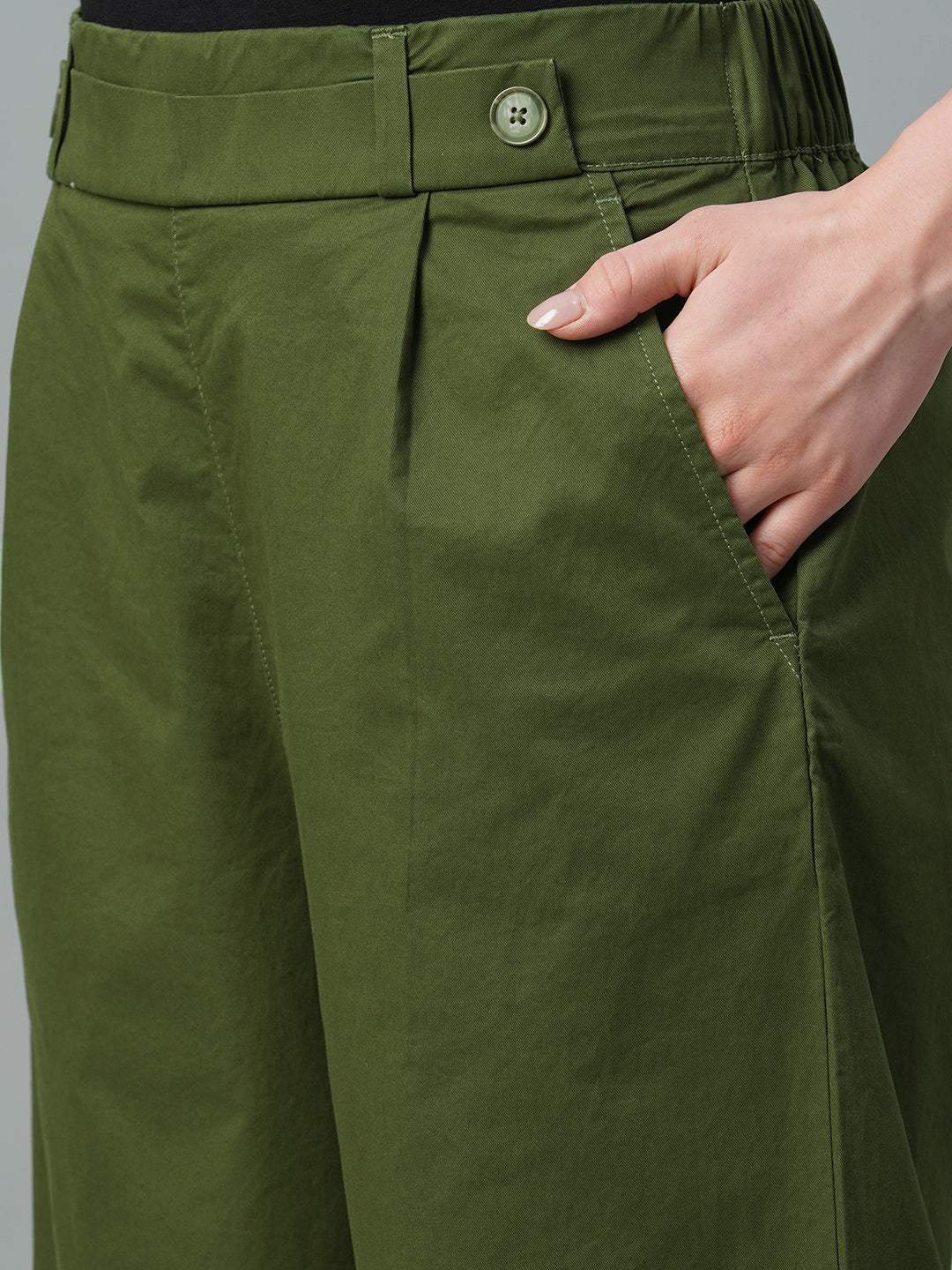 Women's Olive Cotton Lycra Regular Fit Culotte