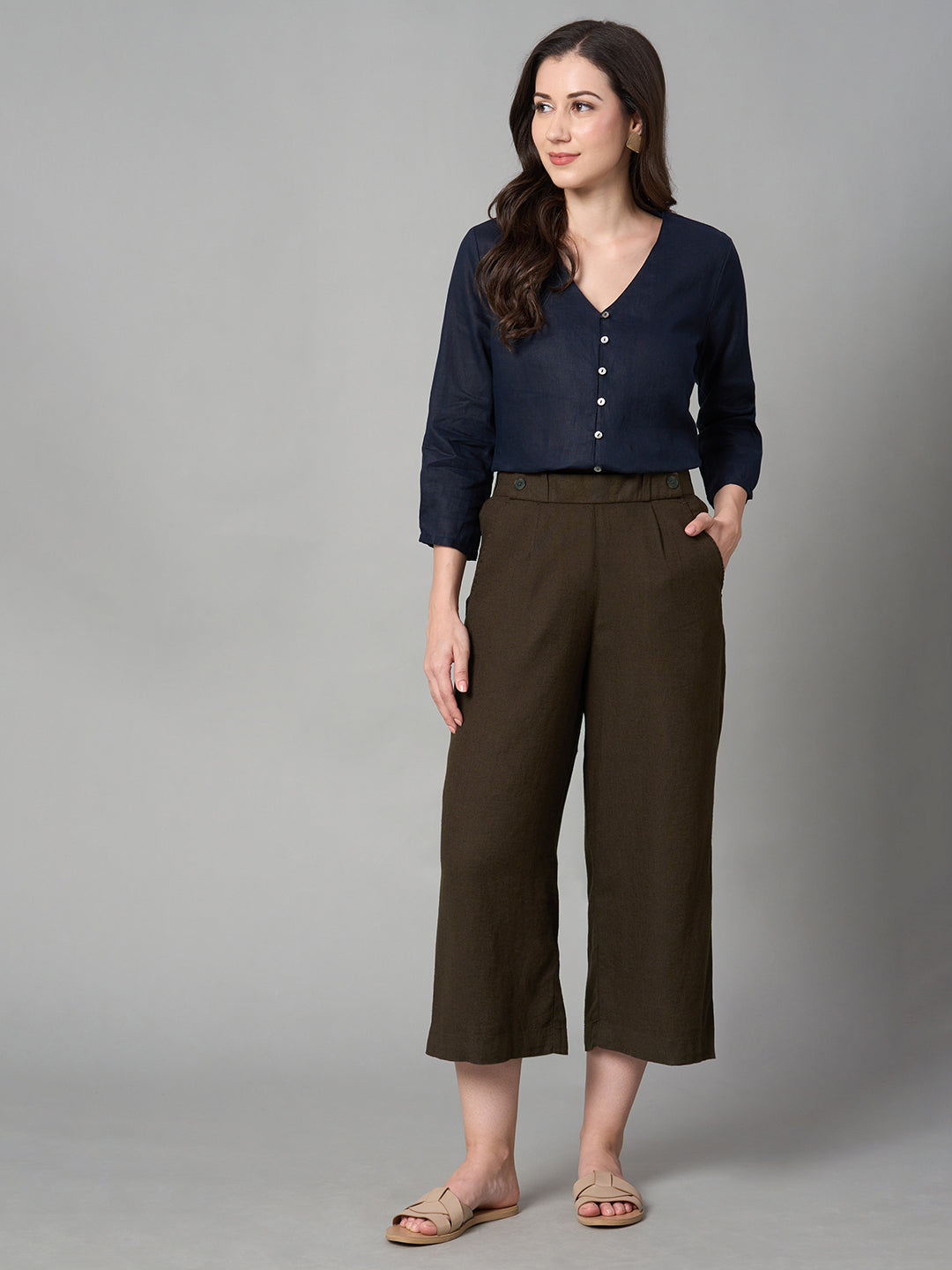 Women's Brown Linen Viscose Regular Fit Culotte