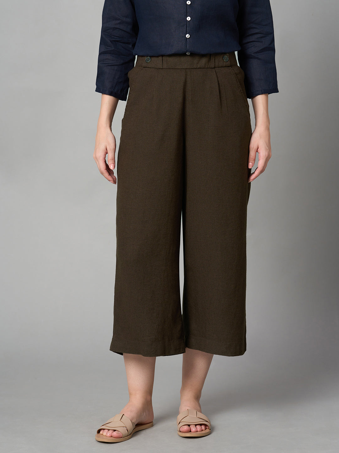 Women's Brown Linen Viscose Regular Fit Culotte