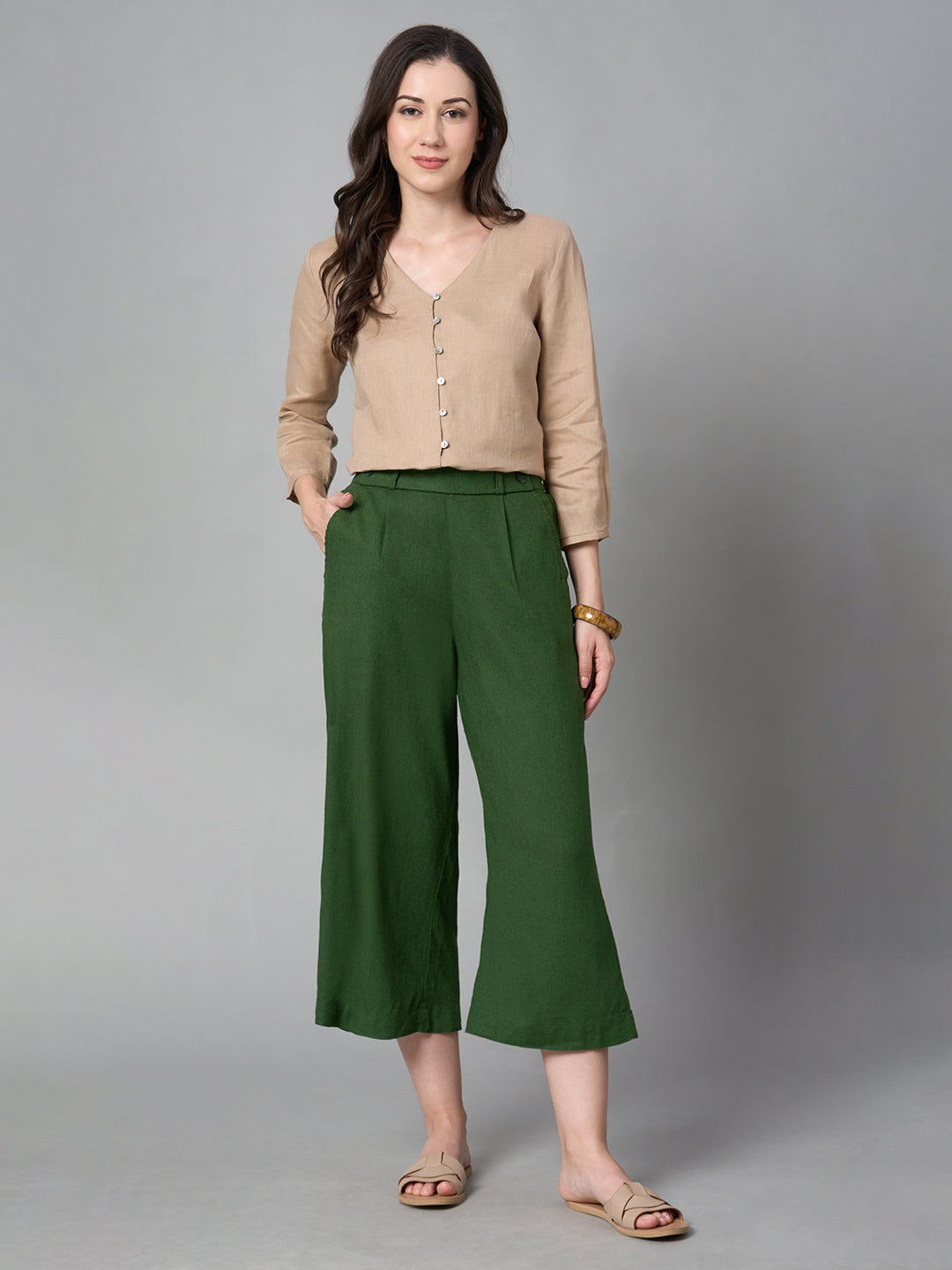 Women's Green Linen Viscose Regular Fit Culotte