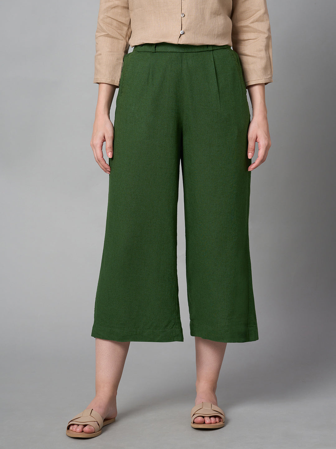 Women's Green Linen Viscose Regular Fit Culotte